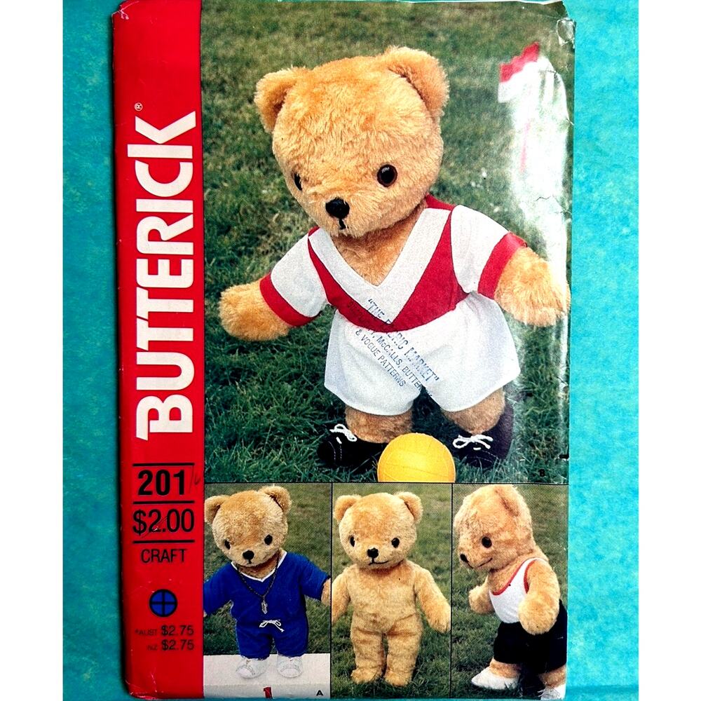 1980s Butterick Sewing Pattern 201 Stuffed Bear w/ 3 Outfits 17" Vintage 14693